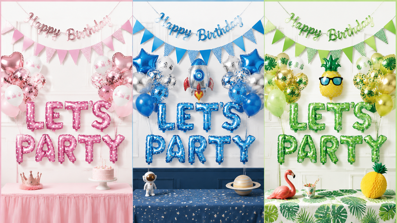 Custom themed pink letter balloon party decoration set with multiple celebration styles