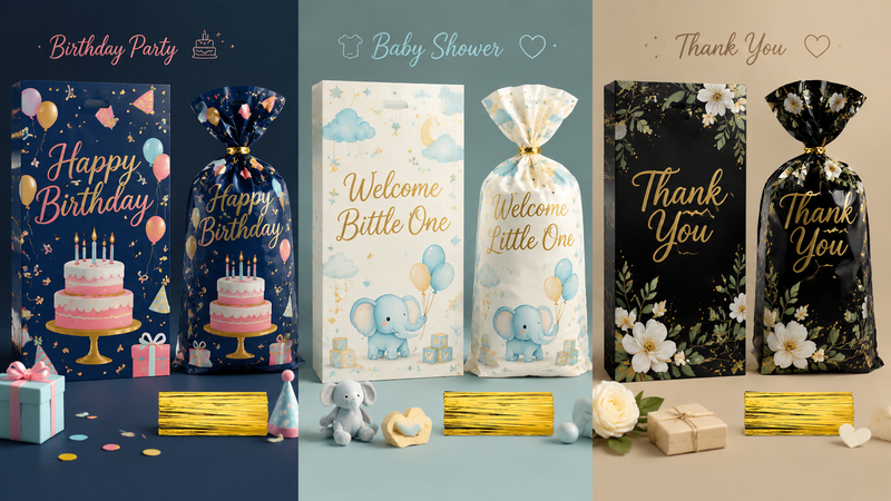 Luxury black and gold themed gift packaging bags with custom festive design variations, premium retail packaging solutions.