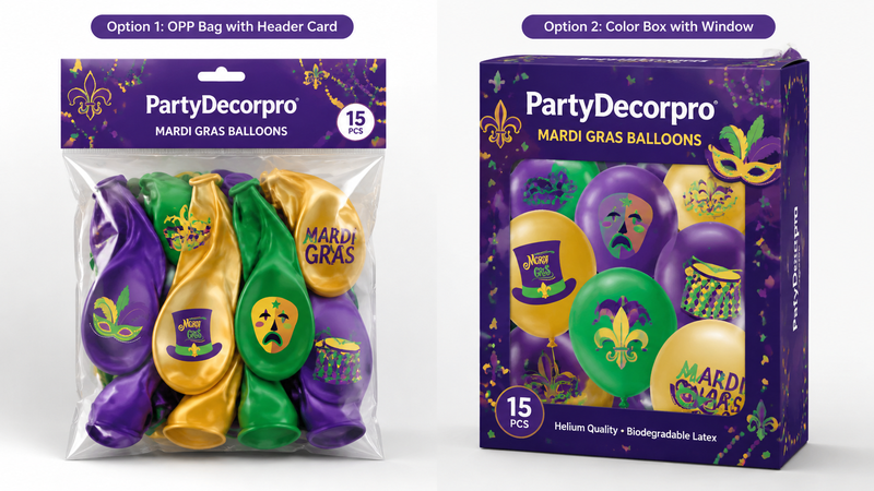 Custom packaging options for Mardi Gras balloons including clear bags and window display boxes
