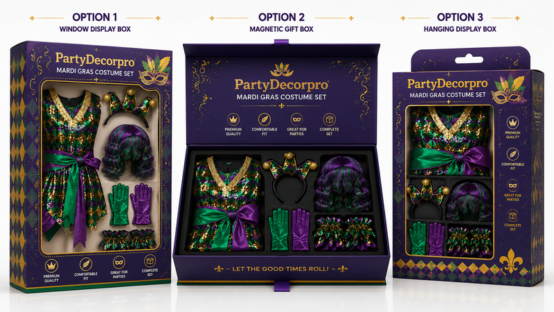 Custom Mardi Gras costume set packaging with window display box, magnetic gift box, and hanging display box for retail and wholesale presentation