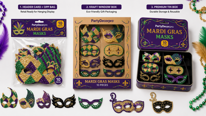 Mardi Gras glitter mask packaging solutions featuring header card OPP bag, kraft window box, and premium tin box for custom wholesale branding and retail display