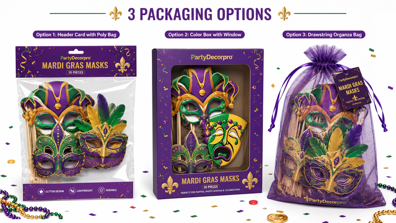 Custom Packaging Options for Mardi Gras Handheld Masks Including Header Card Bag Window Box and Organza Drawstring Bag