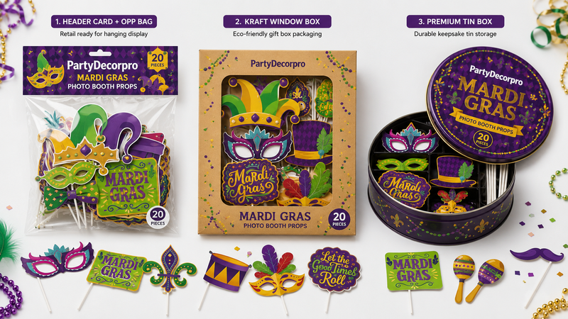 Mardi Gras photo booth props packaging solutions featuring header card OPP bag, kraft window gift box, and premium tin box with custom branding options for wholesale and retail display