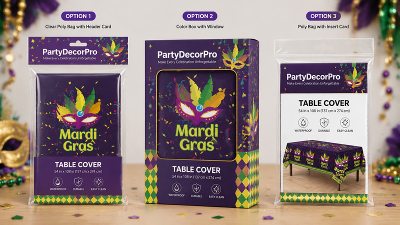 Custom Mardi Gras table cover packaging options with poly bags, window boxes and insert card solutions