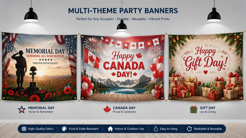 Memorial Day, Canada Day and Gift Day custom fabric banner concepts with festive themed backgrounds, HD printing and reusable party decoration designs