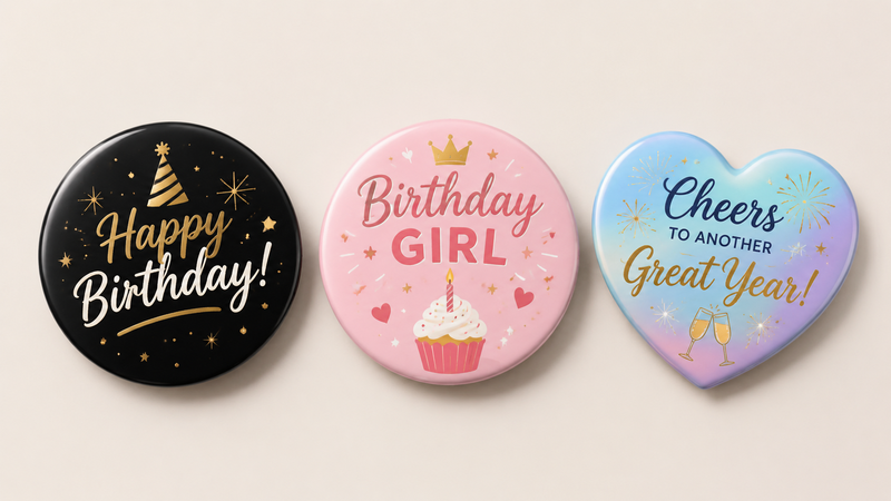 Assorted custom metal pin badges in various shapes and colors, themed for birthdays, holidays, and party events.