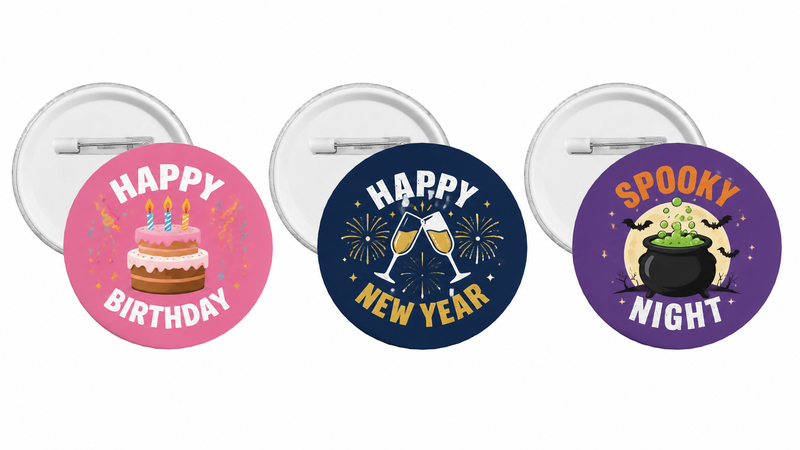 Assorted custom metal bottle cap pin buttons featuring birthday, New Year, and Halloween themed designs for wholesale party decoration use