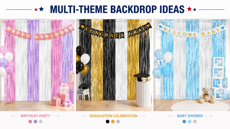 Multi-theme metallic foil fringe backdrop display featuring birthday party, graduation celebration, and baby shower decoration ideas with colorful tinsel curtain backgrounds and matching party accessories
