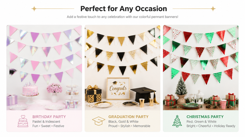 Custom metallic foil pennant banners in birthday, graduation and Christmas themes with colorful triangular flags for party decorations.