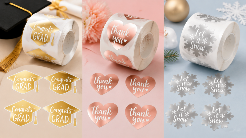 Custom foil sticker roll collection featuring Graduation, Thank You, and Winter Snow themes with metallic finishes for gift packaging and retail branding.