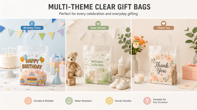 Multi-theme clear plastic gift bags with reinforced handles, featuring birthday, baby shower, and thank you designs for party favors, gifts, and custom promotional packaging.