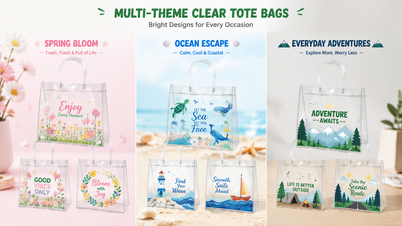 Custom Clear PVC Tote Bags with Floral Ocean and Adventure Themes, Durable Waterproof Gift Bags with Reinforced Handles and Full Color Printing