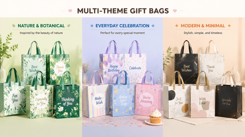 Custom themed gift bags featuring botanical, celebration and minimalist designs with durable handles, vibrant printing and customizable branding options.