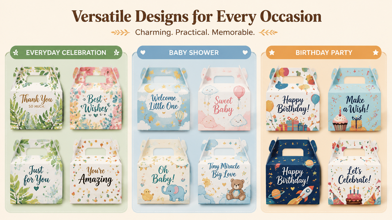 Multi-theme gift box packaging concept designs showing seasonal and general celebration styles arranged in a 16:9 layout