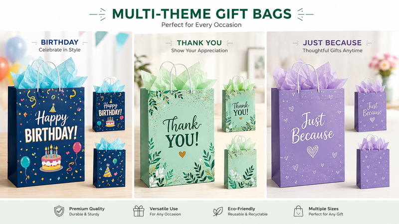 Custom themed paper gift bags featuring Birthday, Thank You and Everyday designs with reinforced rope handles, premium paper construction and customizable branding options for wholesale packaging solutions.