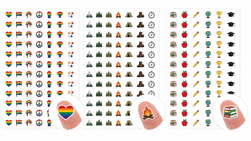 Multi-theme adhesive sticker sheets featuring pride, camping and school icons, B2B bulk decals