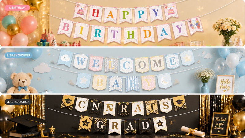 Multi-theme Party Banner Collection Featuring Birthday, Baby Shower, and Graduation Designs with Themed Backgrounds