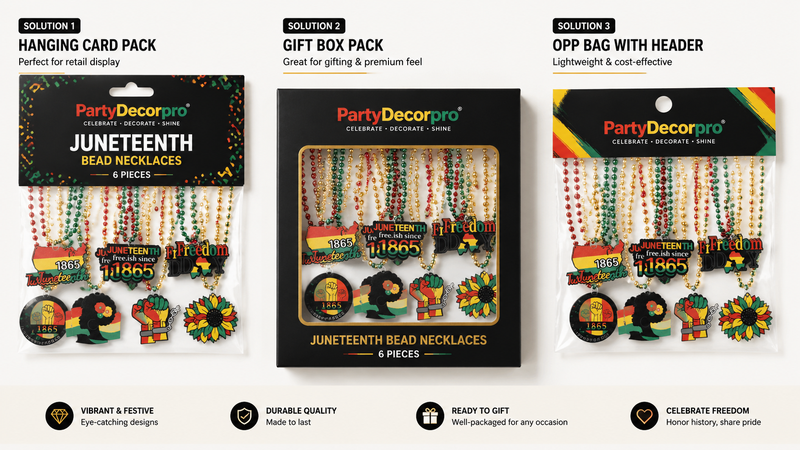 Necklace packaging mockup showing card, gift box and OPP bag presentation options