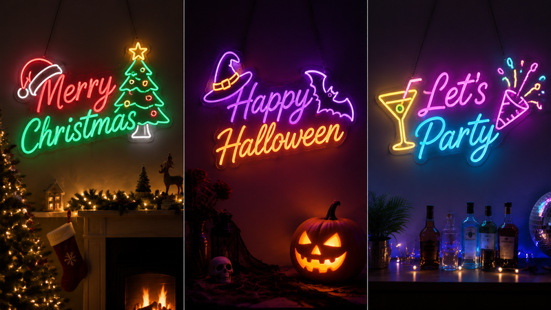 Neon style LED sign with musical theme design glowing in warm orange and red tones for party decoration