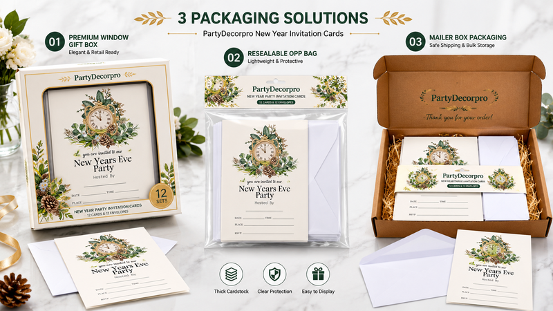 Custom New Year invitation card packaging featuring gift box, resealable OPP bag, and mailer box with matching envelopes