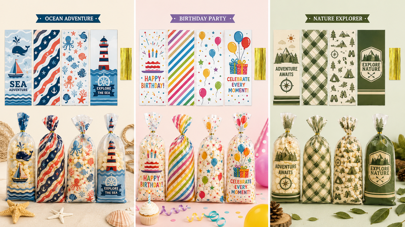 Custom themed clear treat bags featuring ocean adventure, birthday party, and nature explorer designs with colorful printed packaging for snacks, candy, popcorn, and party favors.