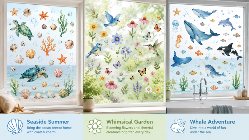 Custom Theme Window Cling Decals Featuring Ocean Life, Floral Garden and Whale Adventure Designs for Retail and Wholesale Decoration