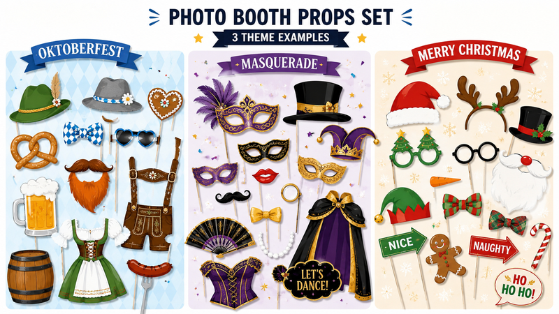 Three themed photo booth props collections featuring Oktoberfest, Masquerade, and Christmas designs with hats, masks, glasses, sign boards, and festive accessories for party celebrations