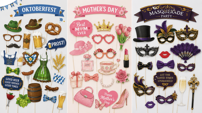 Custom Oktoberfest Mother's Day and Masquerade themed photo booth props assortment with printed cardstock cutouts, decorative accessories, and party photo accessories for wholesale events