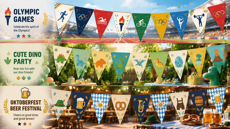 Custom Party Bunting Flag Design Concepts Featuring Olympic Sports, Dinosaur Party and Oktoberfest Beer Festival Themes