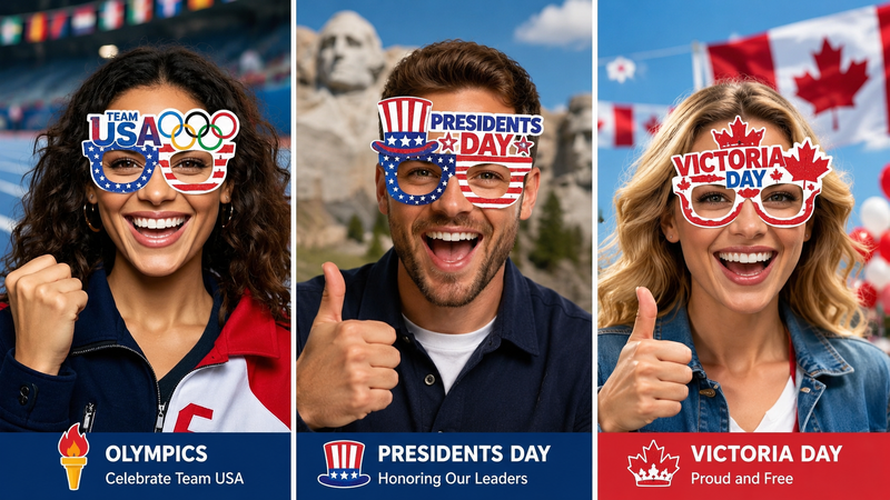 Custom novelty party glasses featuring Olympics, Presidents Day, and Victoria Day themes with glitter foam designs for festive events and celebrations