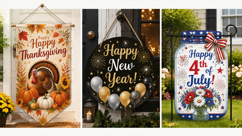Custom seasonal outdoor garden banners with Thanksgiving, New Year and patriotic themed designs in multiple shapes