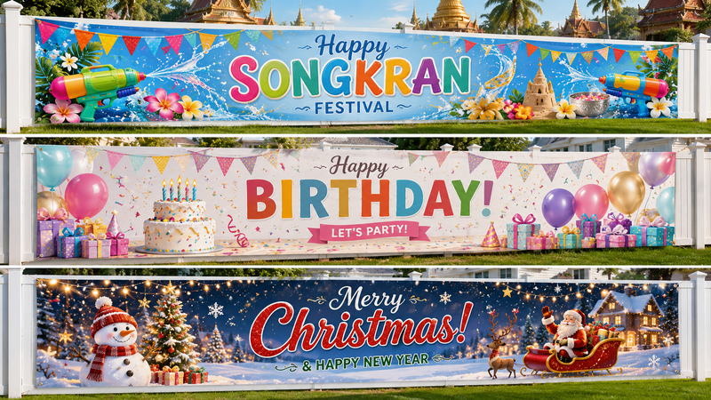 Custom Festival Banner Designs Featuring Songkran Birthday Party and Christmas Themes with Vibrant Outdoor Celebration Graphics