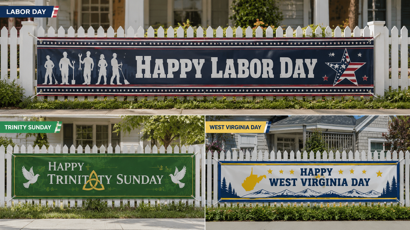 Custom holiday fence banners featuring Labor Day, Trinity Sunday, and West Virginia Day themes with outdoor display settings and festive designs.