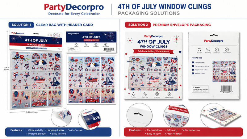 4th of July window clings packaging solutions featuring clear header card bag and custom printed envelope packaging for retail display and wholesale branding