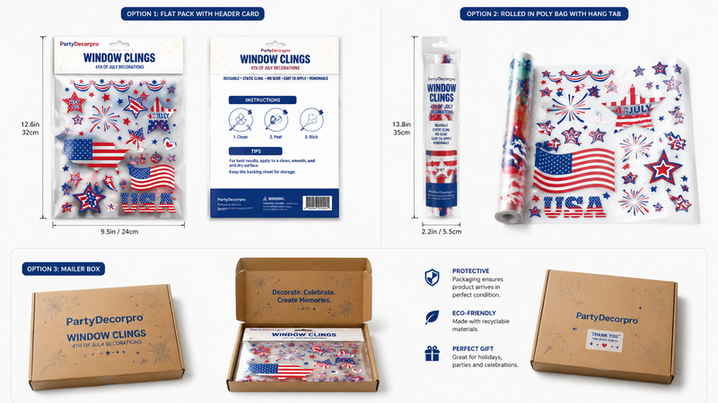 Custom Window Clings Packaging Solutions Featuring Header Bag Poly Bag and Kraft Mailer Box Designs for Retail Wholesale and Branded Packaging