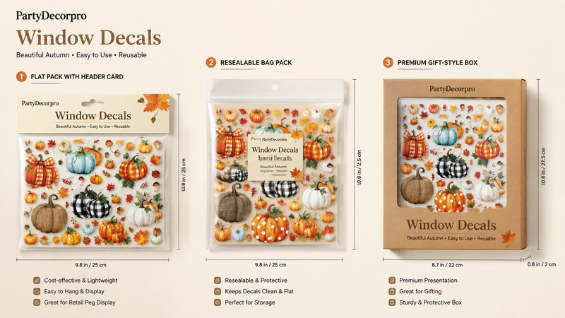 Autumn pumpkin window cling packaging solutions featuring header card bag, resealable pouch, and window display box for retail and wholesale customization