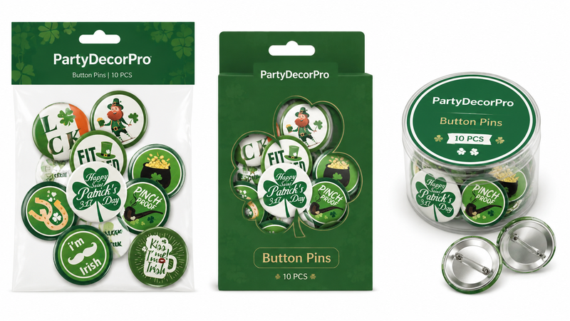 Custom button pin packaging solutions with clear bags, display boxes and storage tins for seasonal party accessories
