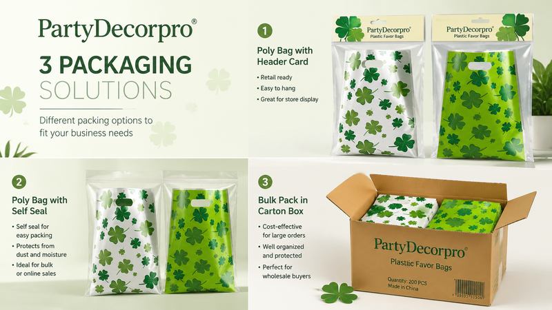 Custom plastic favor bag packaging solutions featuring header card bags, self-sealing bags, and bulk carton packaging with green clover themed designs for retail, e-commerce, and wholesale distribution.
