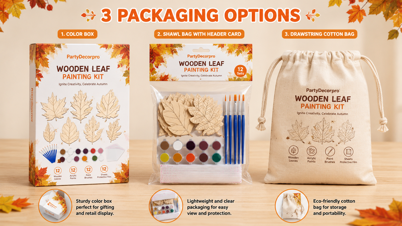 Custom packaging solutions for DIY wooden leaf painting kits featuring color box, header card bag, and drawstring bag options for retail and wholesale