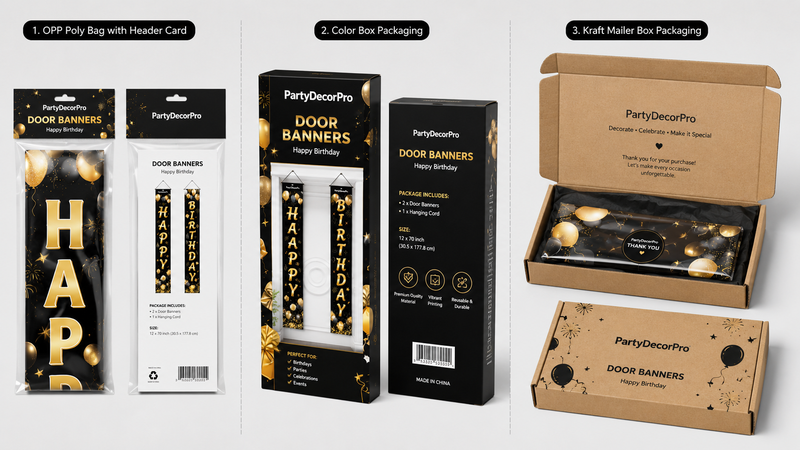 Custom packaging options for decorative door banners including poly bag color box and kraft mailer box solutions