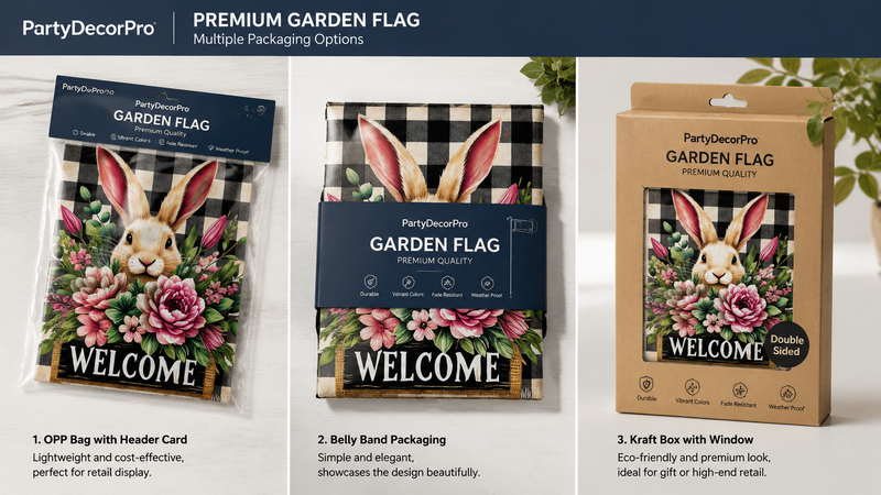 Custom garden flag packaging solutions with OPP bag, belly band and kraft window box options