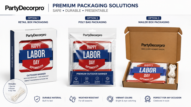 Custom fence banner packaging solutions featuring retail box, resealable poly bag, and mailer box options for branded outdoor decoration products.