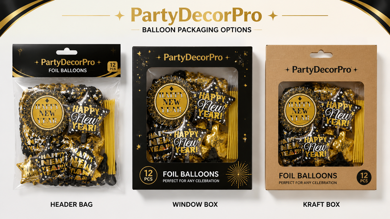Custom foil balloon packaging solutions with header bags, window boxes, and kraft boxes for wholesale party decoration products