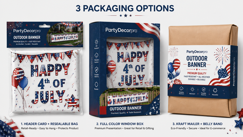 Custom Fourth of July Banner Packaging Solutions Featuring Poly Bag, Window Box and Kraft Mailer Designs for Wholesale Supply