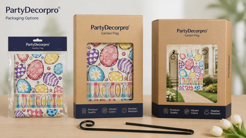 Custom garden flag packaging solutions with clear bag, window box and display box designs for wholesale branding