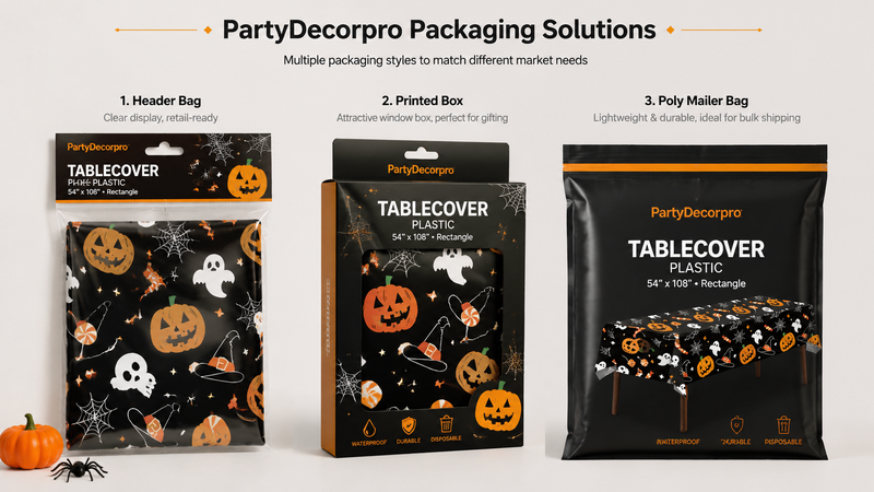 Custom Halloween tablecloth packaging solutions with clear bags and printed boxes