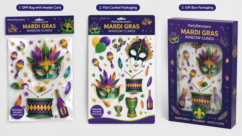 Alt Text:
Custom window cling packaging solutions with OPP bag, carded package and gift box designs for wholesale decoration products