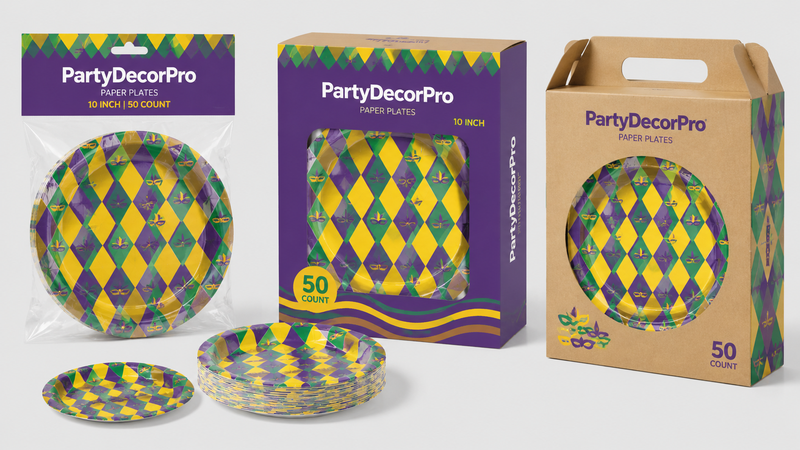 Custom packaging solutions for Mardi Gras disposable paper plates with clear bags, window boxes and kraft cartons for wholesale supply