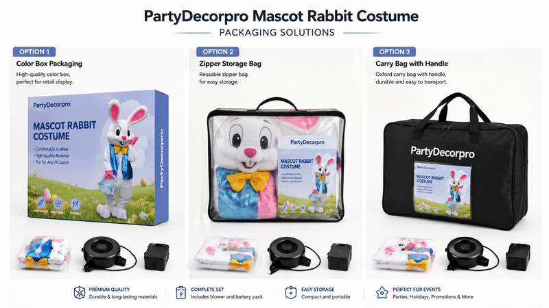 Mascot Rabbit Costume Packaging Solutions Featuring Color Box, Transparent Zipper Bag and Carry Bag for Retail Display and Storage