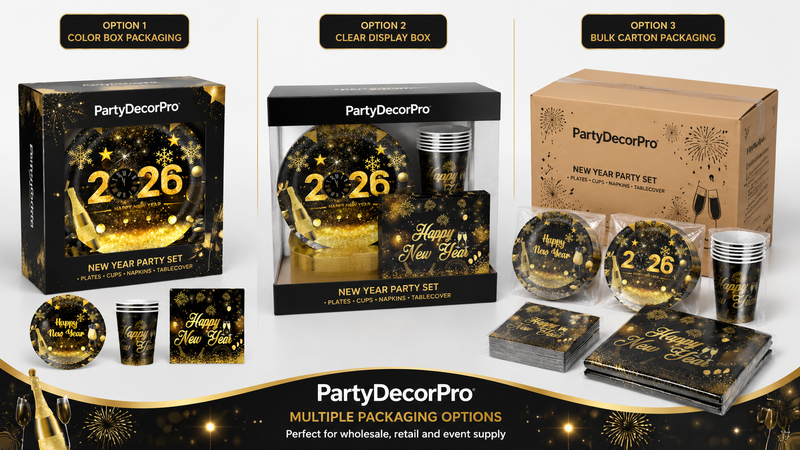 Custom packaging solutions for black and gold New Year party tableware sets with color box, display box and bulk carton options